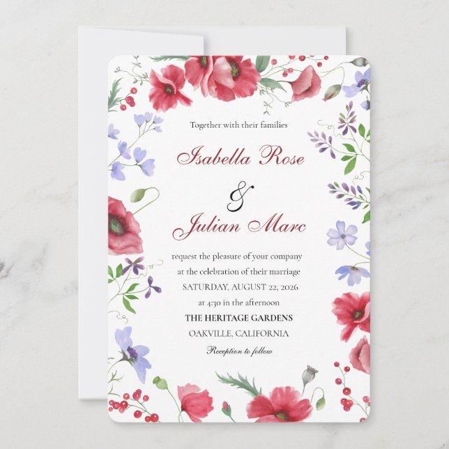 Red Watercolor Poppy & Lavender Floral Wedding Inbjudningar (Framsida)