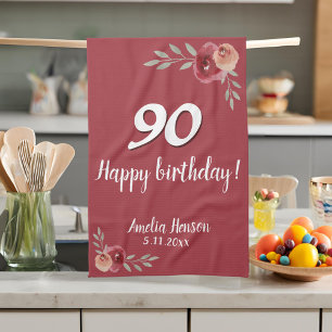 Red Watercolor Ro Blommigt 90:e Birthday Kökshandduk