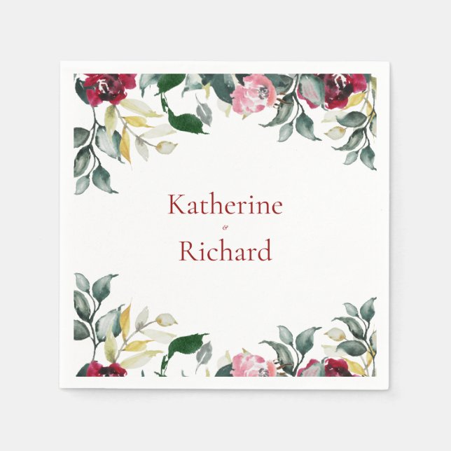 Red Watercolor Ro Bröllop Cocktail Pappersservett (Framsidan)