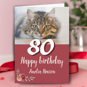 Red Watercolor Ro Cat Photo 80 th Birthday Card Kort