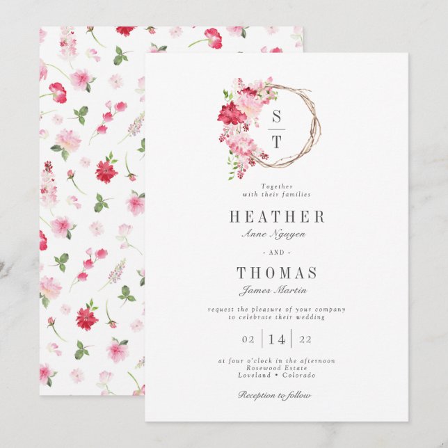 Red Watercolor Ro Monogram WAN Bröllop Inbjudningar (Fram/baksida)