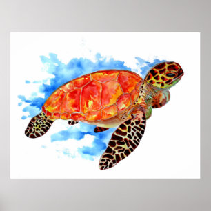 Red Watercolor Sea Turtle Poster