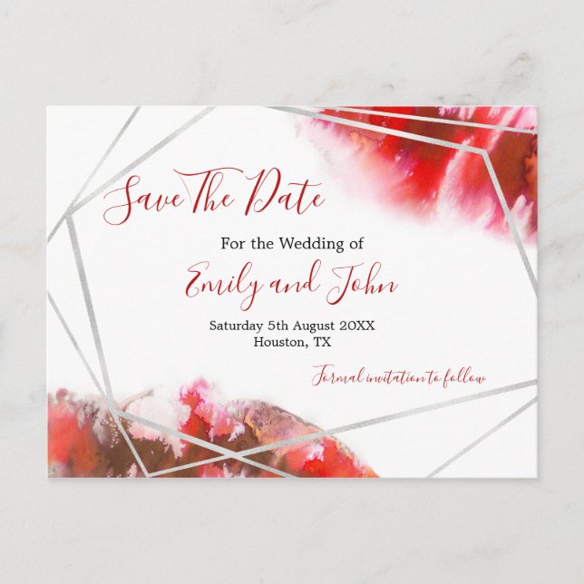 Red Watercolor/Silver Geometric/Save Date Vykort (Framsida)