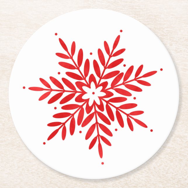Red Watercolor Snowflake Underlägg Papper Rund (Framsidan)