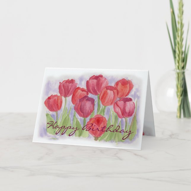 Red Watercolor Tulips Birthday Card Kort (Framsida)