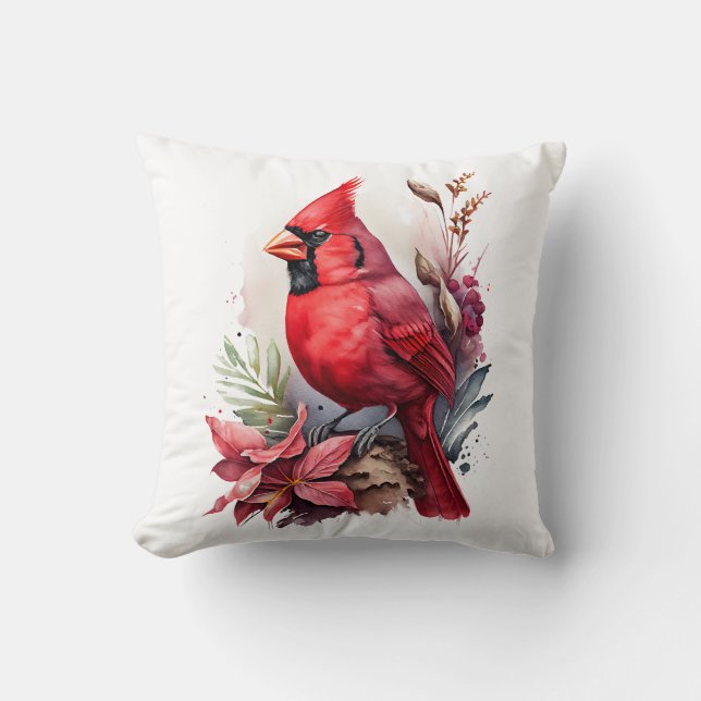 Red Watercolor Winter Cardinal Bird Kudde (Framsida)