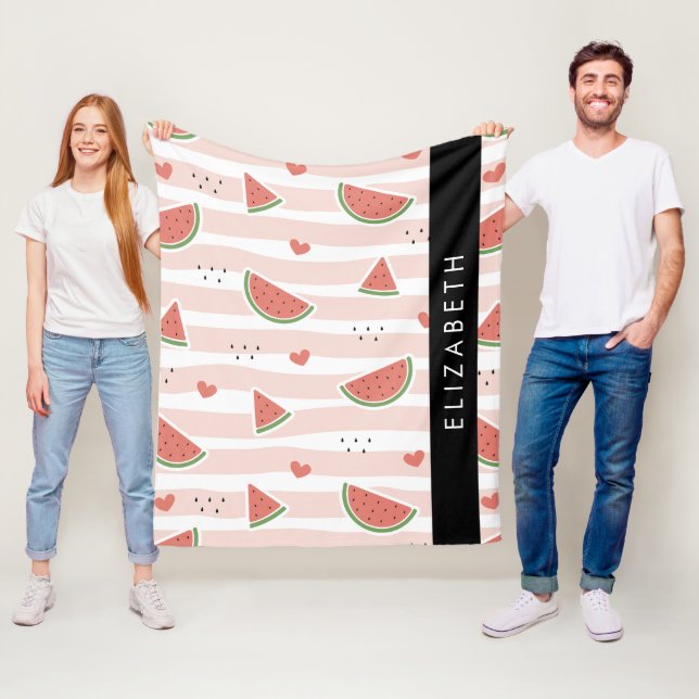 Red Watermelons, Hearts, Rand, ditt namn Fleecefilt (På plats)