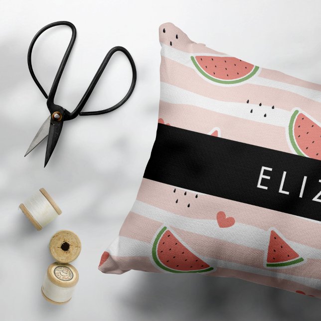 Red Watermelons, Hearts, Rand, ditt namn Prydnadskudde (Skapare uppladdad)