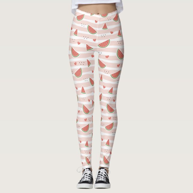 Red Watermelons, Hearts, Rand, Summer Mönster Leggings (Framsida)