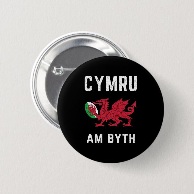 Red Welsh Dragon Cymru Roots Rugby Fläkt Wales Fla Knapp (Framsida & baksida)