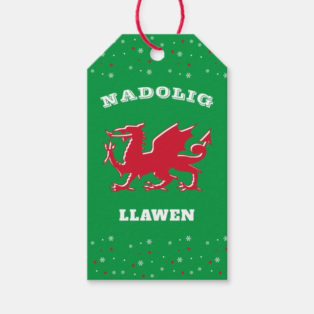 Red Welsh Dragon God jul Nadolig Llawen Presentetikett (Framsidan)