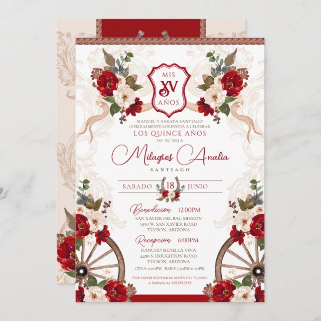 Red Western Elegant Baroque Charro Quinceañera Inbjudningar (Fram/baksida)