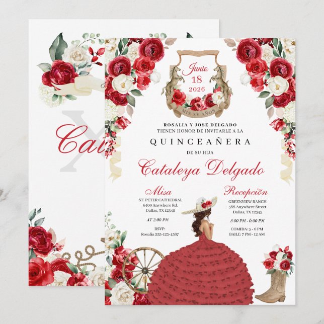 Red Western Fiesta Charro Quinceañera Inbjudningar (Fram/baksida)