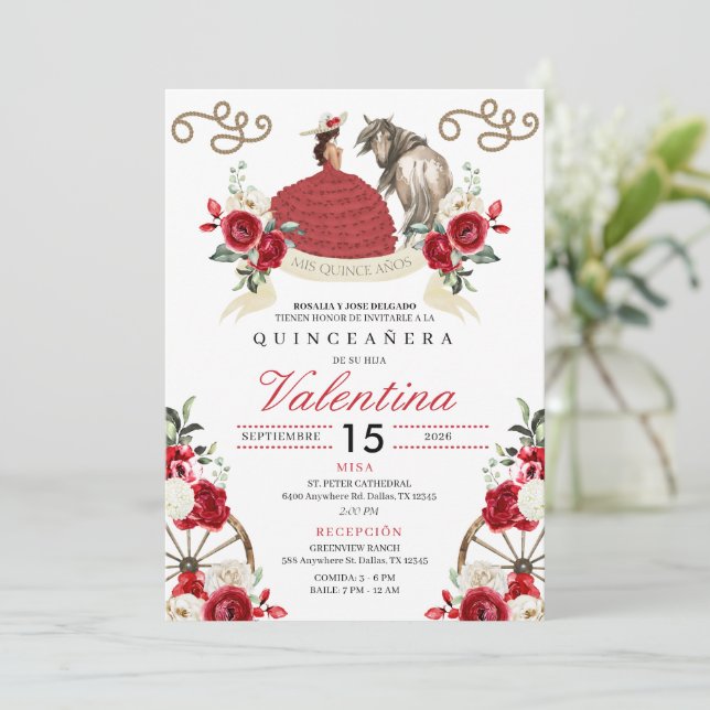 Red Westernare Fairytale Wagon Hjul Quinceañera Inbjudningar (Stående Fram)