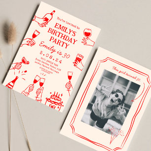 Red Whimsical Funky Quirky Teckning 30:e födelseda Inbjudningar
