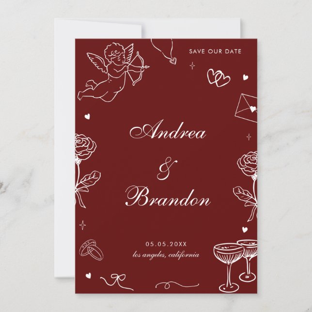 Red Whimsical Hand Drawn Fun Scribble Wedding Spara Datumet (Framsida)