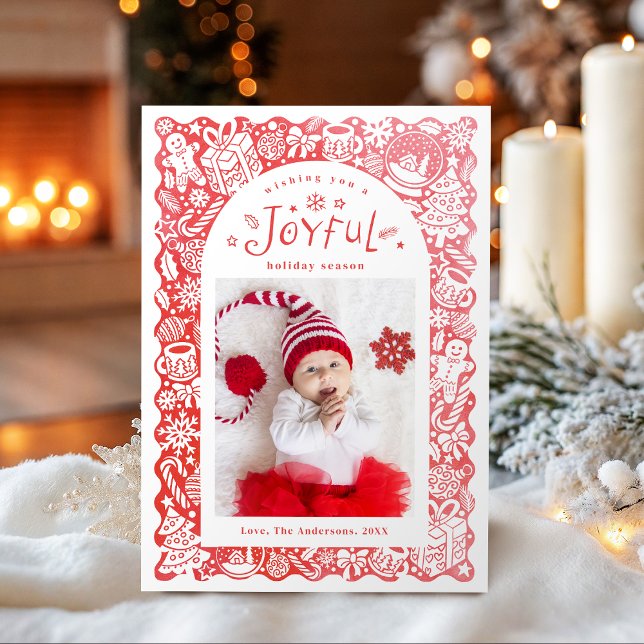 Red Whimsical Hand Drawn Joyful Holiday Photo Julkort (Red Whimsical Hand Drawn Joyful Holiday Photo)