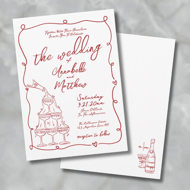 Red Whimsical Hand plockade Quirky Bröllop Inbjudningar (Red Whimsical Hand Drawn Quirky Wedding Invitation)
