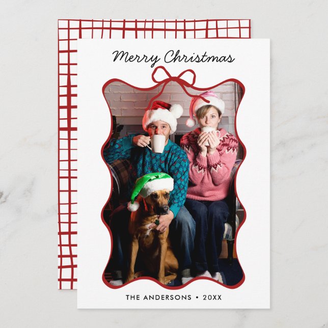 Red Whimsical Hand plockade Vågigt Bow Ram jul Julkort (Fram/baksida)