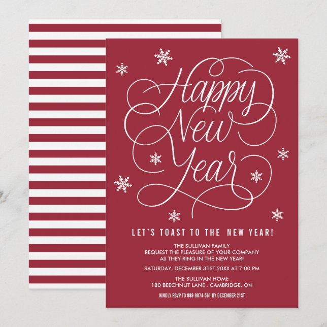 Red Whimsical Nyårsafton Party-inbjudan Inbjudningar (Fram/baksida)