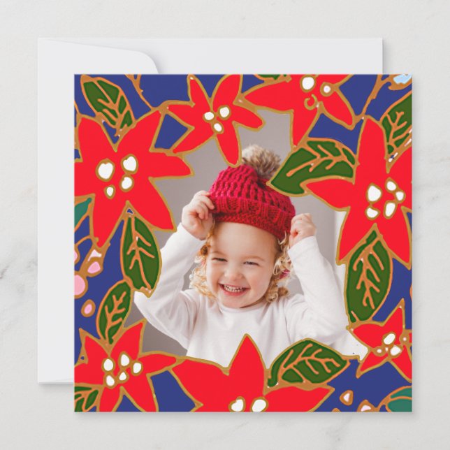 Red Whimsical Poinsettias Helgdag Photocard Julkort (Framsida)