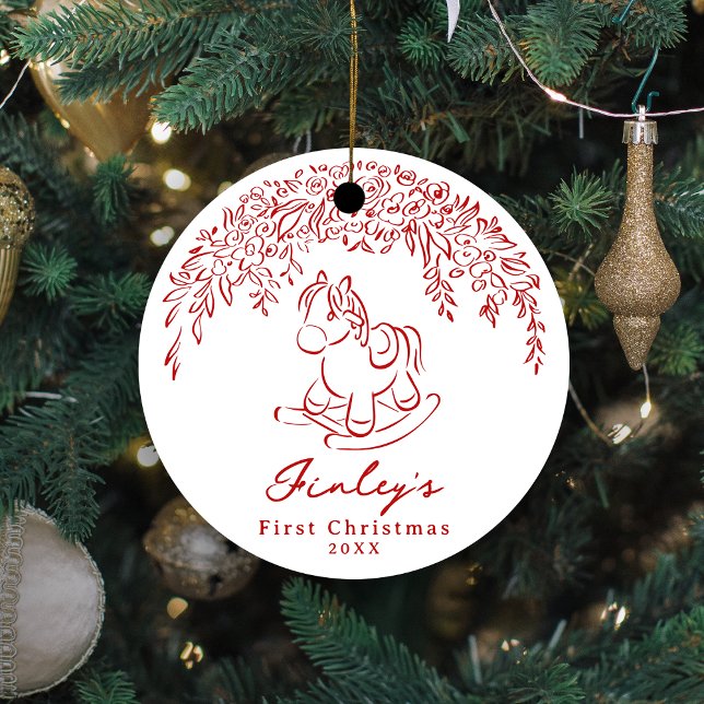 Red Whimsical rocking horse Baby's 1st Christmas Julgransprydnad Keramik (Red Whimsical rocking horse Baby's 1st Christmas Ceramic Ornament)