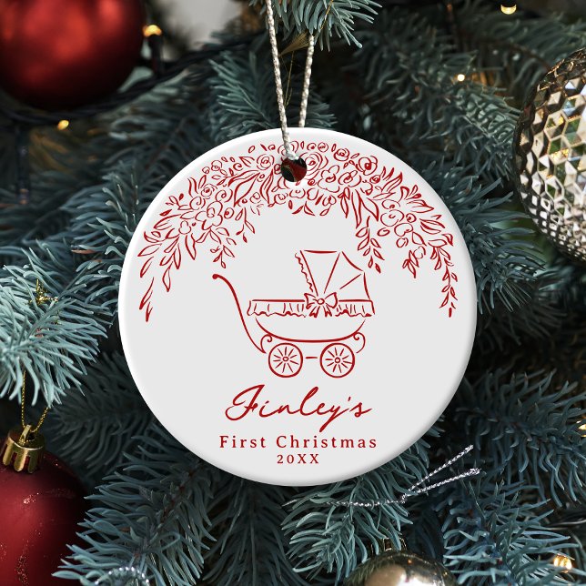 Red Whimsical Stroller Baby's First Christmas Julgransprydnad Keramik (Red Whimsical Stroller Baby's First Christmas Ceramic Ornament)