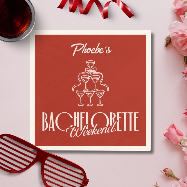 Red Whimsical Vin Doodle Bachelorette Namn Napkin Pappersservett (Skapare uppladdad)