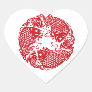 Red Whirling Koi Carp Fish Group Classic Heart S Hjärtformat Klistermärke