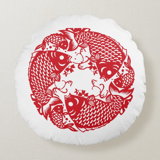 Red Whirling Koi Carp Fish Group Classic Round P Rund Kudde (Framsidan)