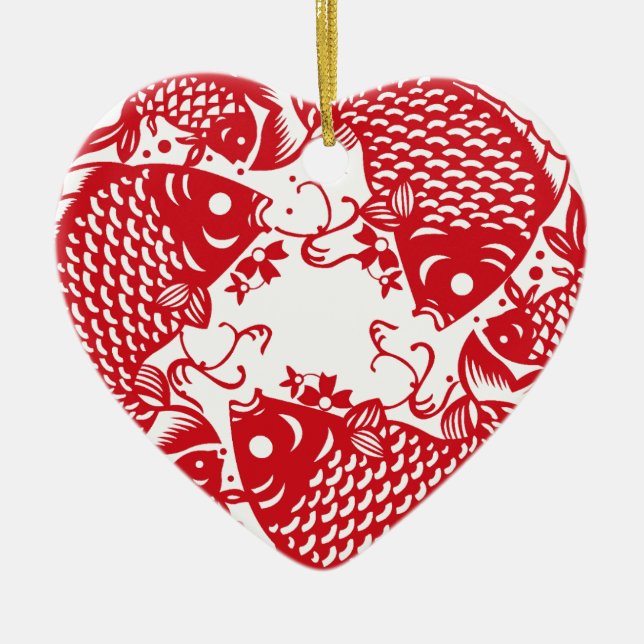 Red Whirling Koi Carp Fish Group Julgransprydnad Keramik (Framsidan)