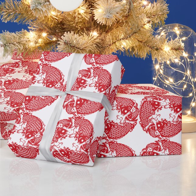 Red Whirling Koi Carp Fish Group Wrapping Papper 1 Presentpapper (Helgdagar)