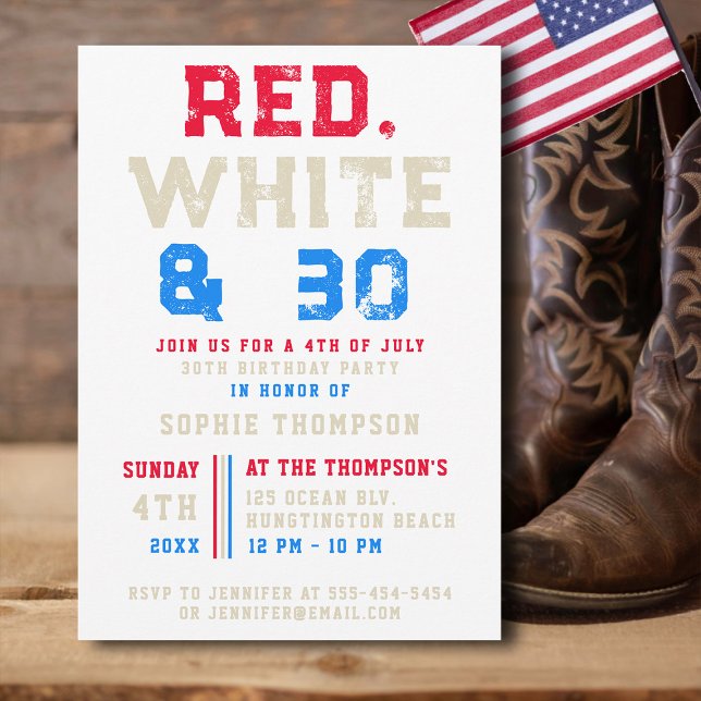 Red White 30 Typography 4:e juli 30års födelsedag Inbjudningar (4th of july 30th birthday party invitation for women red white and 30 sports varsity typography)