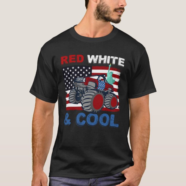 Red White 4:e juli Coola Monster Lastbil USA Ameri T Shirt (Framsida)
