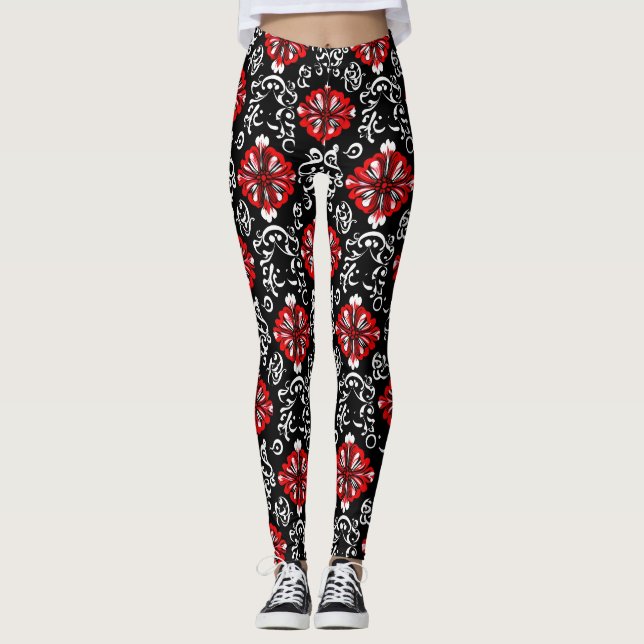 Red White Abstrakt Mönster Leggings (Framsida)