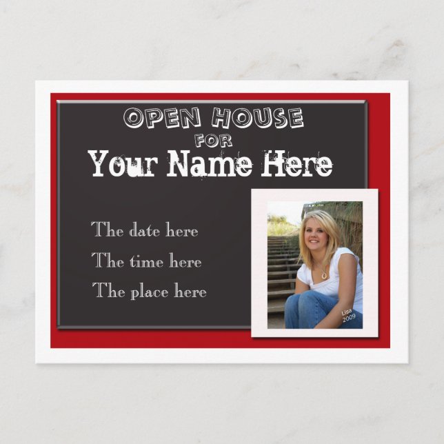 Red white and black studenten open house invitati inbjudan vykort (Framsida)