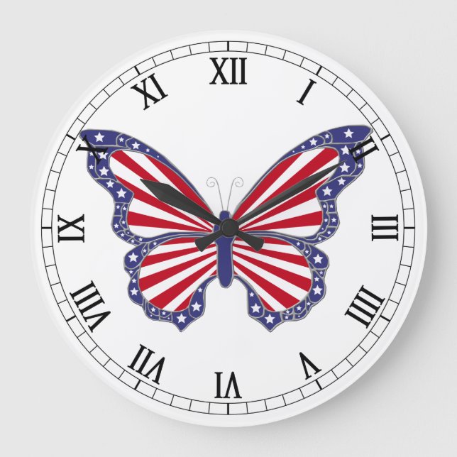 Red White and Blue Butterfly Roman Numerals Clock Stor Klocka (Framsida)