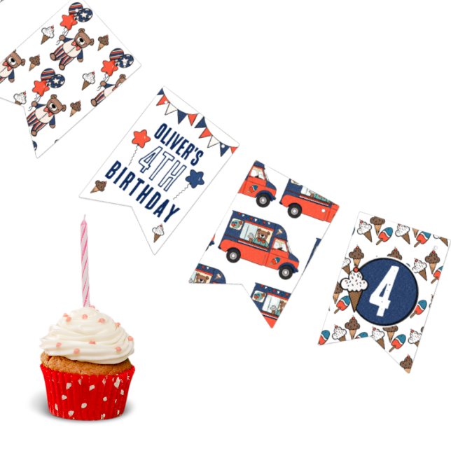 Red White and Blue Ice Cream Bear Birthday Vimplar (Birthday Banner for Summer Red White and Blue Birthday)