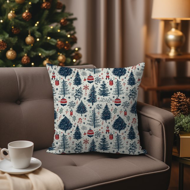 Red White and Blue jul Helgdag Home Hygge Kudde (Scandinavian Nordic Christmas Woodland Pattern Throw Pillow – Red, White, and Blue Pattern)