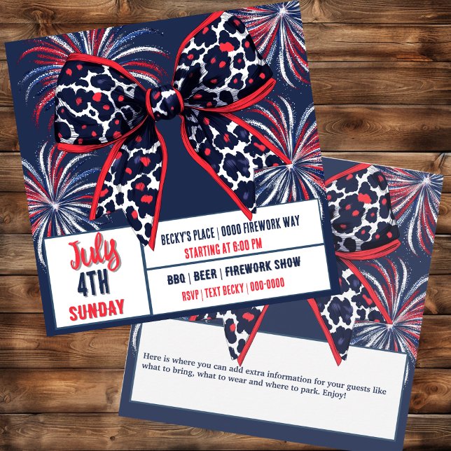 Red White and Blue Leopard Coquette Bow Inbjudningar (July 4th Independence Day Patriotic party invitation you can customize on both sides
)