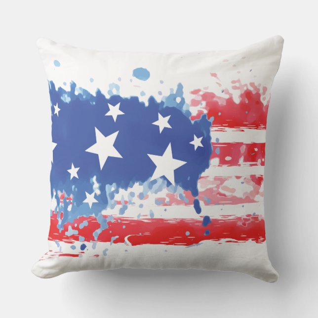 Red White and Blue Paint Splatter American Flagga Kudde (Framsida)