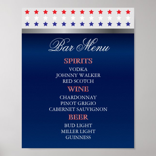 Red, White and Blue Patriotic Bröllop - Pub Menu Poster (Framsidan)