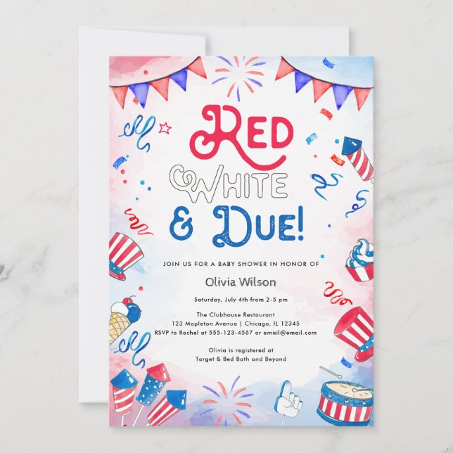 Red White and due - 4:e juli Baby Shower Inbjudningar (Framsida)