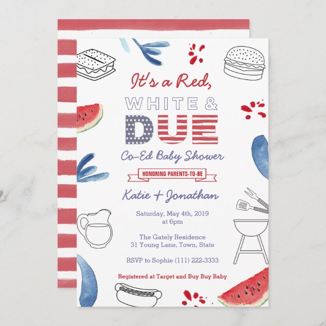 Red White and due Blue Co- Ed Par Baby Shower Inbjudningar (Fram/baksida)