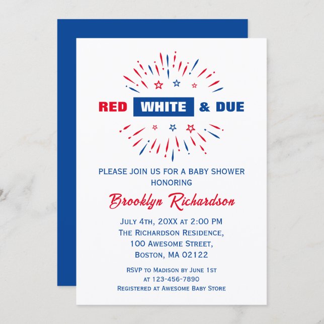 Red White and due Patriotic 4:e juli Baby Shower Inbjudningar (Fram/baksida)