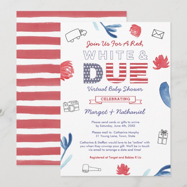 Red White and due Patriotic Virtuell Baby Shower Inbjudningar (Fram/baksida)