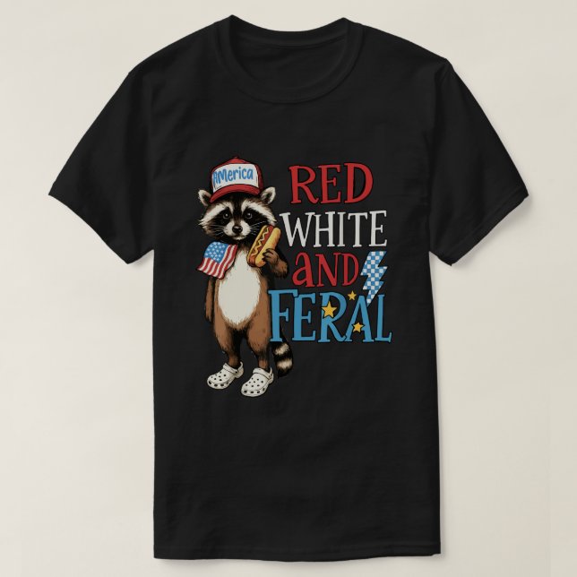 Red White and Feral - Ljuny 4:e juli Raccoon T Shirt (Design framsida)