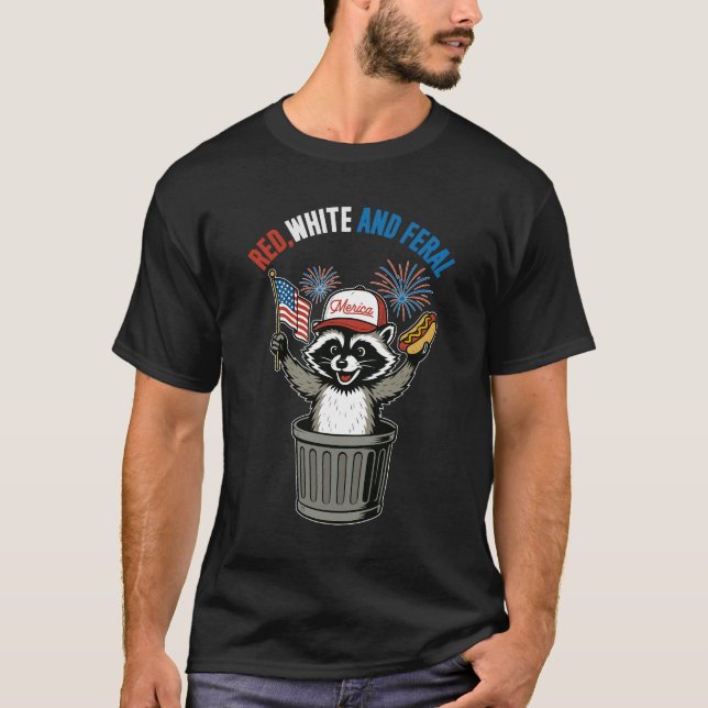 Red White and Feral Raccoon T Shirt (Framsida)
