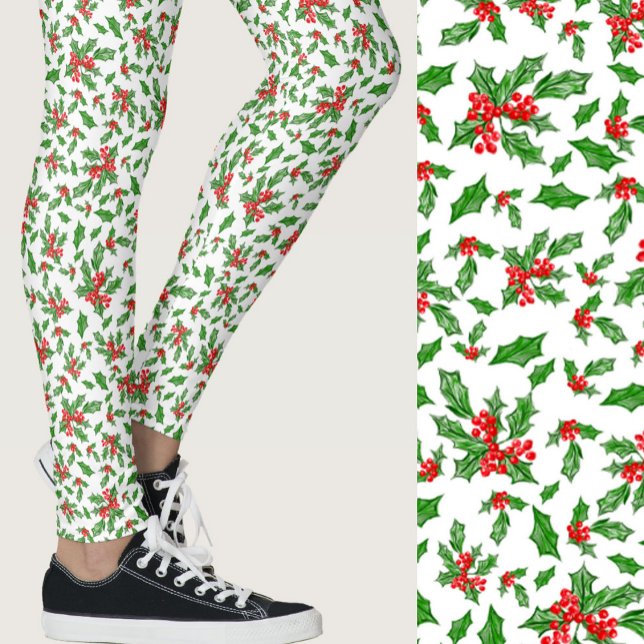 Red, white, and green holly Christmas Patterned Leggings (Skapare uppladdad)