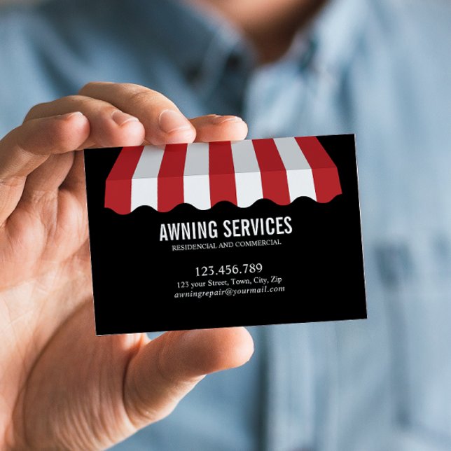 Red White Awning Services Städning Professionell Visitkort (Red and White Eye-Catching Networking Card for Awning Business Services Listed on Back)